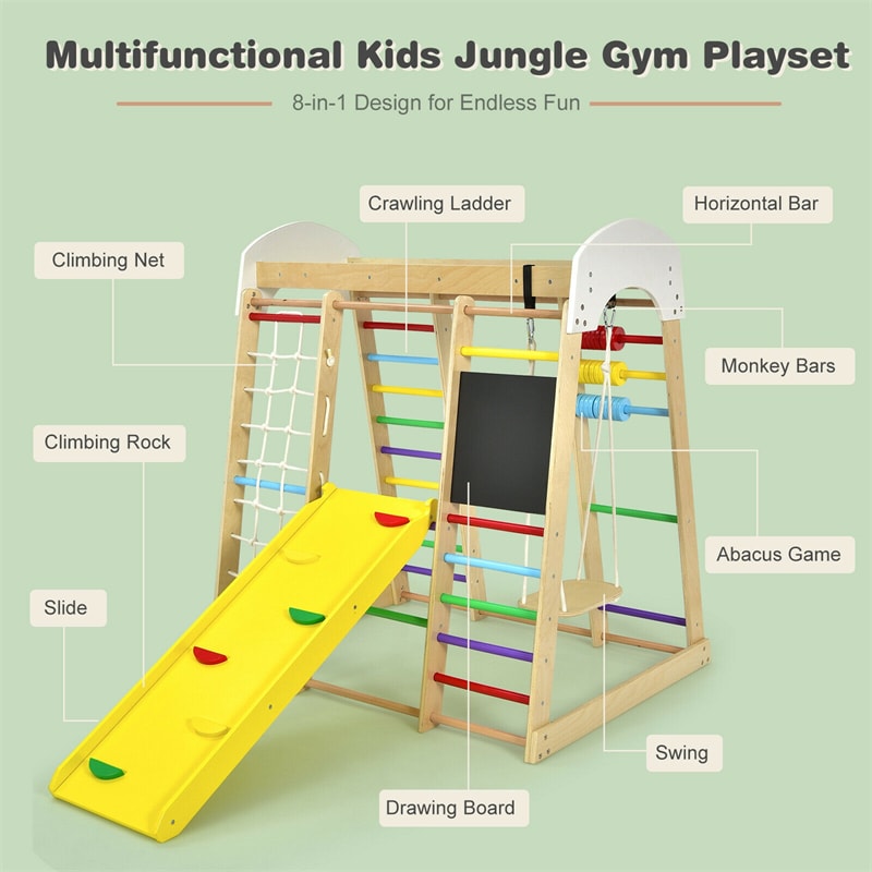 8-in-1 Indoor Jungle Gym, Kids Wooden Indoor Playground Climber with Slide, Swing, Climbing Rock & Net, Montessori Climbing Toys for Toddlers