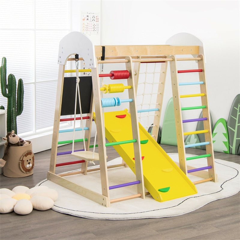 8-in-1 Wooden Indoor Jungle Gym Playground Climber Playset with Slide, Climbing Rock/Net & Swing, Montessori Climbing Toys for Toddlers