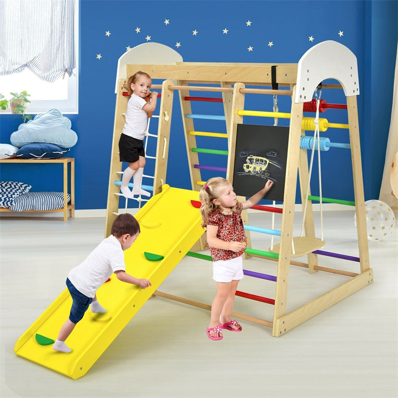 8-in-1 Indoor Jungle Gym, Kids Wooden Indoor Playground Climber with Slide, Swing, Climbing Rock & Net, Montessori Climbing Toys for Toddlers