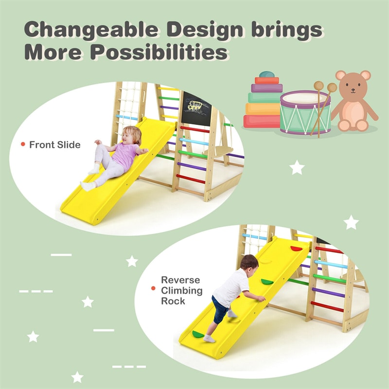 8-in-1 Indoor Jungle Gym, Kids Wooden Indoor Playground Climber with Slide, Swing, Climbing Rock & Net, Montessori Climbing Toys for Toddlers