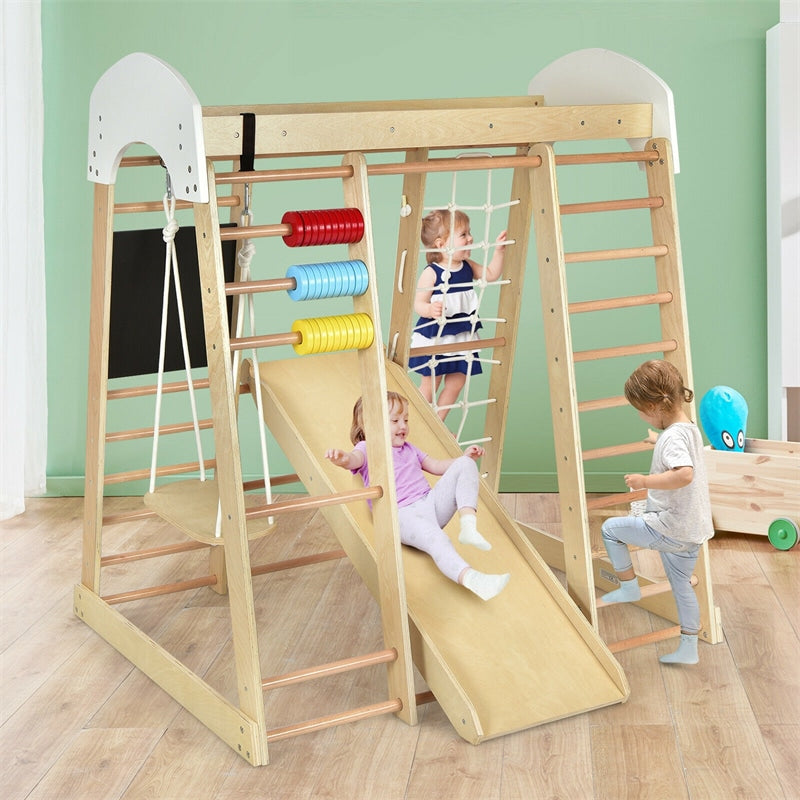 8-in-1 Indoor Jungle Gym, Kids Wooden Indoor Playground Climber with Slide, Swing, Climbing Rock & Net, Montessori Climbing Toys for Toddlers