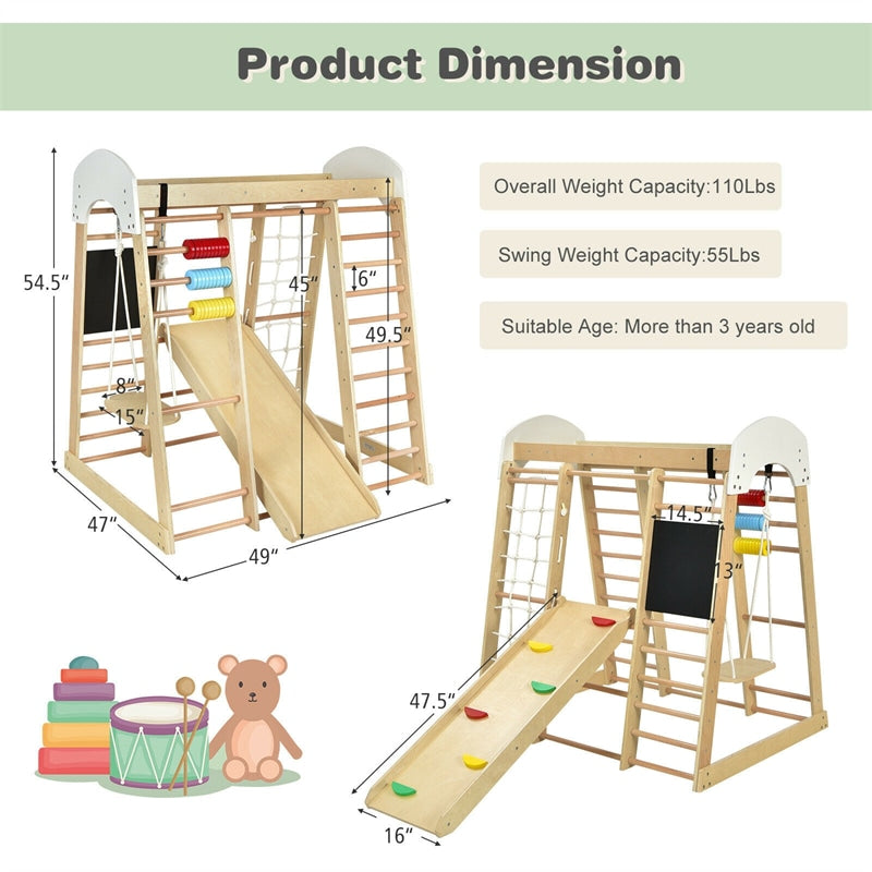 8-in-1 Wooden Indoor Jungle Gym Playground Climber Playset with Slide, Climbing Rock/Net & Swing, Montessori Climbing Toys for Toddlers