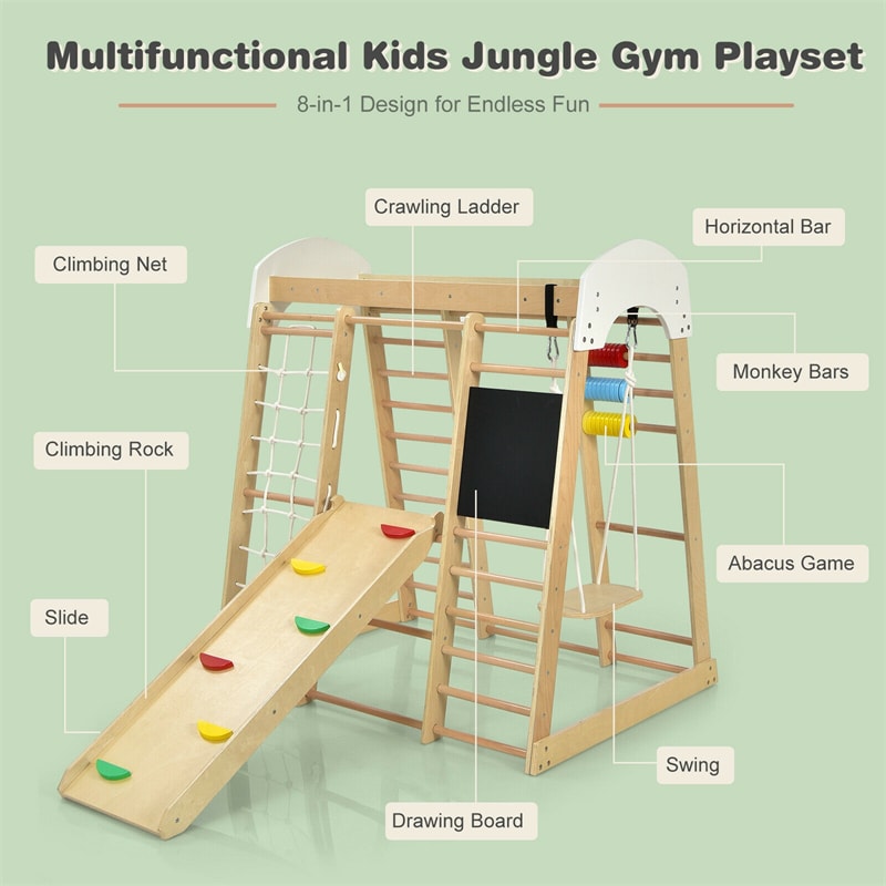 8-in-1 Indoor Jungle Gym, Kids Wooden Indoor Playground Climber with Slide, Swing, Climbing Rock & Net, Montessori Climbing Toys for Toddlers