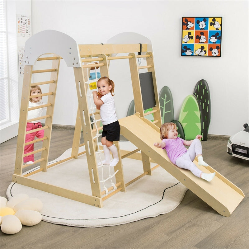 8-in-1 Indoor Jungle Gym, Kids Wooden Indoor Playground Climber with Slide, Swing, Climbing Rock & Net, Montessori Climbing Toys for Toddlers