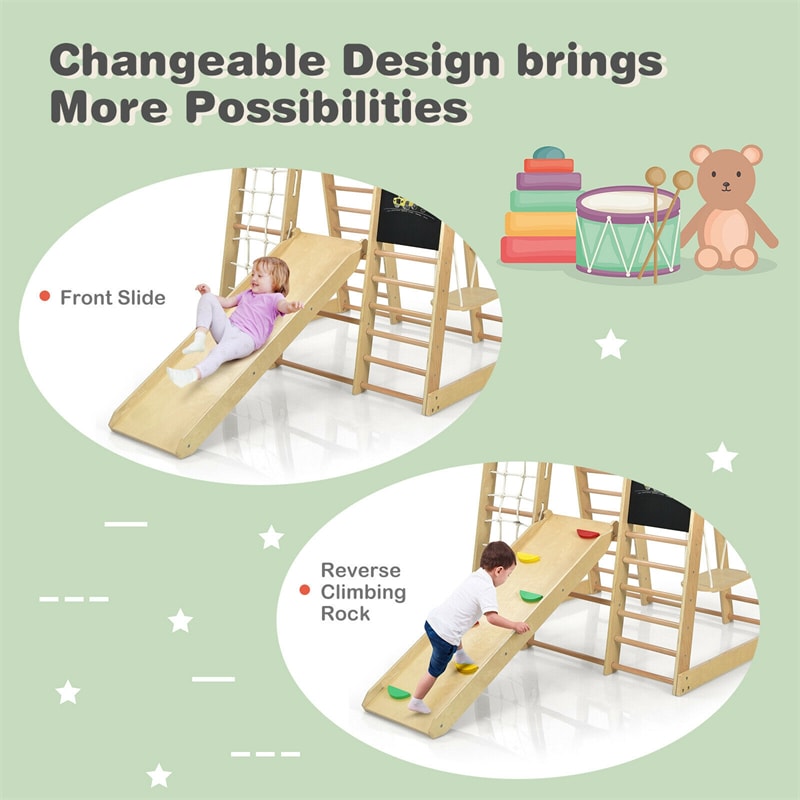 8-in-1 Wooden Indoor Jungle Gym Playground Climber Playset with Slide, Climbing Rock/Net & Swing, Montessori Climbing Toys for Toddlers