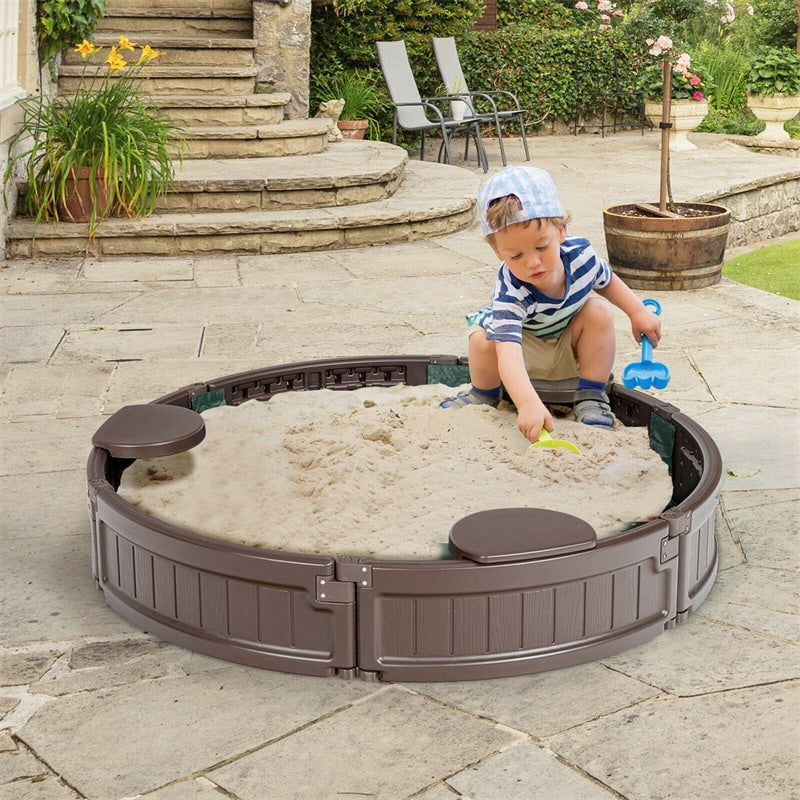 Kids Outdoor Sandbox 4FT Round Sand Pit for Backyard Beach with Cover, 3 Built-in Seats & Bottom Liner, All-Weather HDPE Sandbox