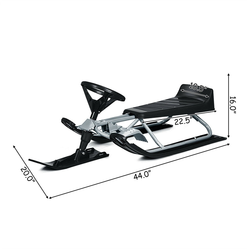 Snow Racer Sled, Ski Sled Slider Board with Steering Wheel, Twin Brakes & Pull Rope, Steerable Snow Sled for Kids Ages 4+, Teenagers, Adults