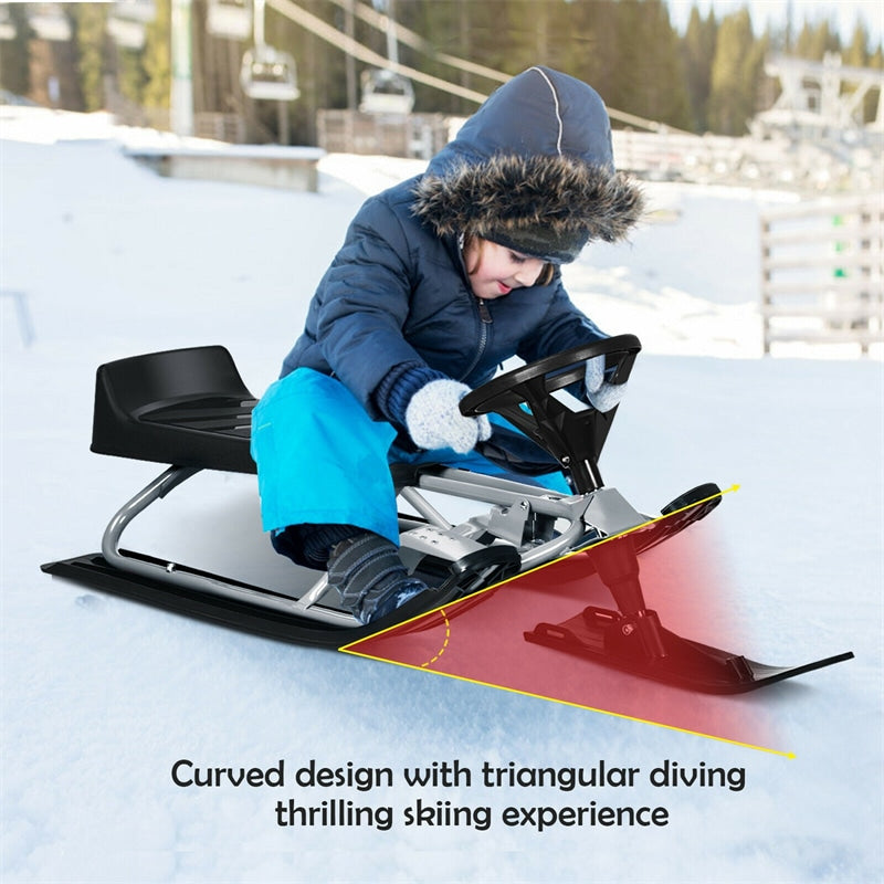 Snow Racer Sled, Ski Sled Slider Board with Steering Wheel, Twin Brakes & Pull Rope, Steerable Snow Sled for Kids Ages 4+, Teenagers, Adults