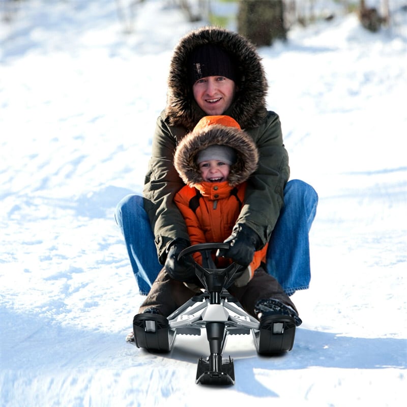 Snow Racer Sled, Ski Sled Slider Board with Steering Wheel, Twin Brakes & Pull Rope, Steerable Snow Sled for Kids Ages 4+, Teenagers, Adults