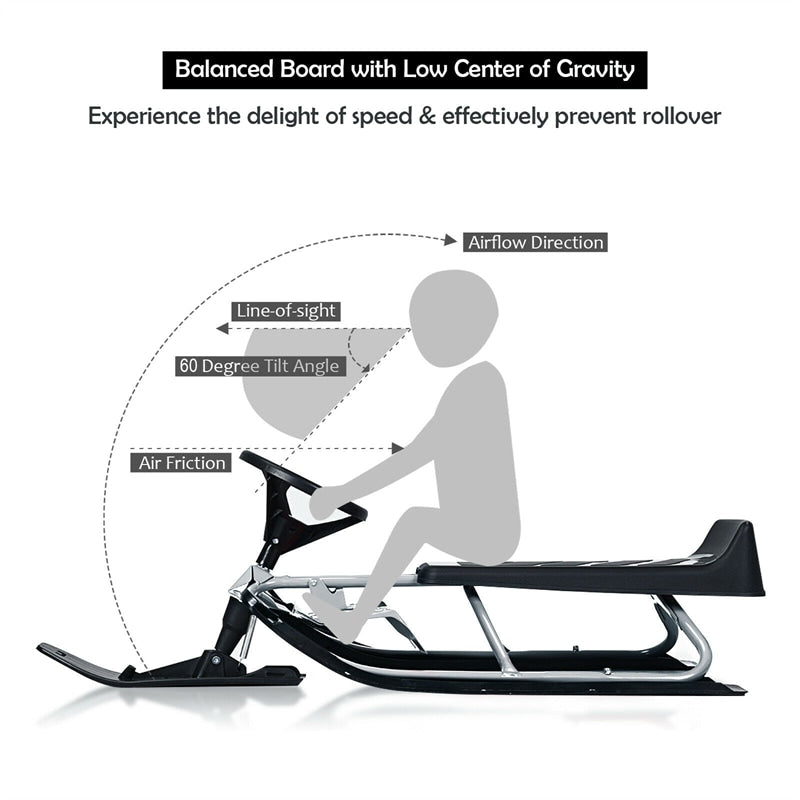 Snow Racer Sled, Ski Sled Slider Board with Steering Wheel, Twin Brakes & Pull Rope, Steerable Snow Sled for Kids Ages 4+, Teenagers, Adults