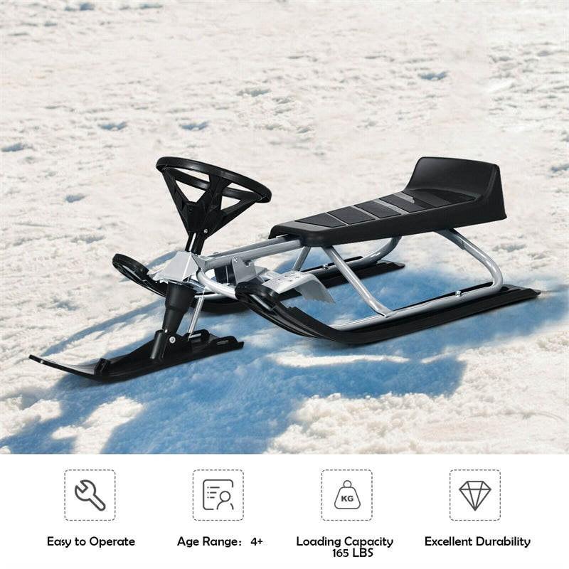 Snow Racer Sled, Ski Sled Slider Board with Steering Wheel, Twin Brakes & Pull Rope, Steerable Snow Sled for Kids Ages 4+, Teenagers, Adults