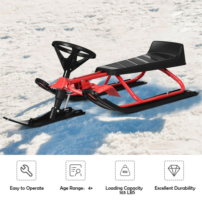 Snow Racer Sled, Ski Sled Slider Board with Steering Wheel, Twin Brakes & Pull Rope, Steerable Snow Sled for Kids Ages 4+, Teenagers, Adults