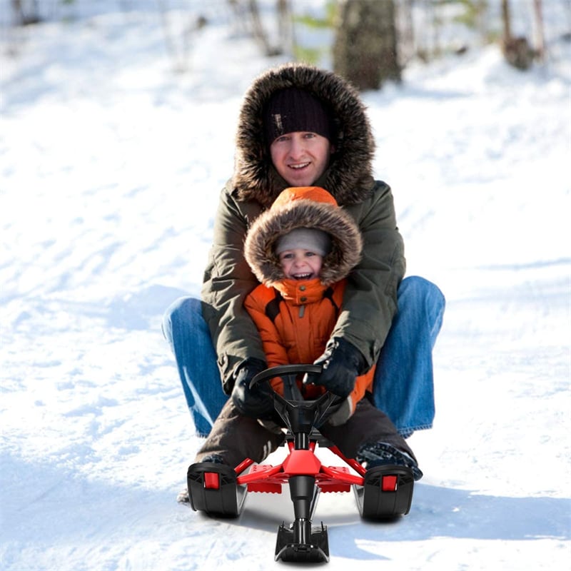 Snow Racer Sled, Ski Sled Slider Board with Steering Wheel, Twin Brakes & Pull Rope, Steerable Snow Sled for Kids Ages 4+, Teenagers, Adults