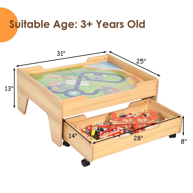 Kids Train Table Set Toddler Wooden Activity Table with 100 Multicolor Pieces & Large Storage Drawer