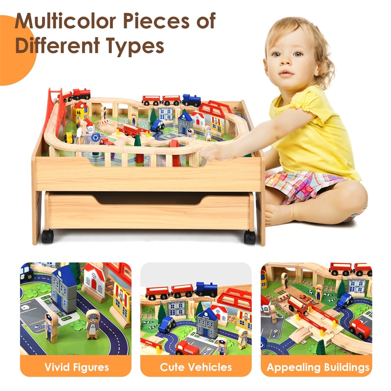 Kids Train Table Set Toddler Wooden Activity Table with 100 Multicolor Pieces & Large Storage Drawer