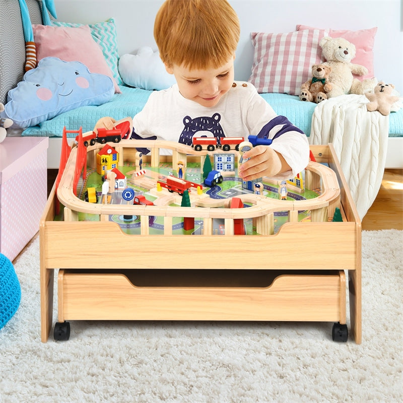 Kids Train Table Set Toddler Wooden Activity Table with 100 Multicolor Pieces & Large Storage Drawer