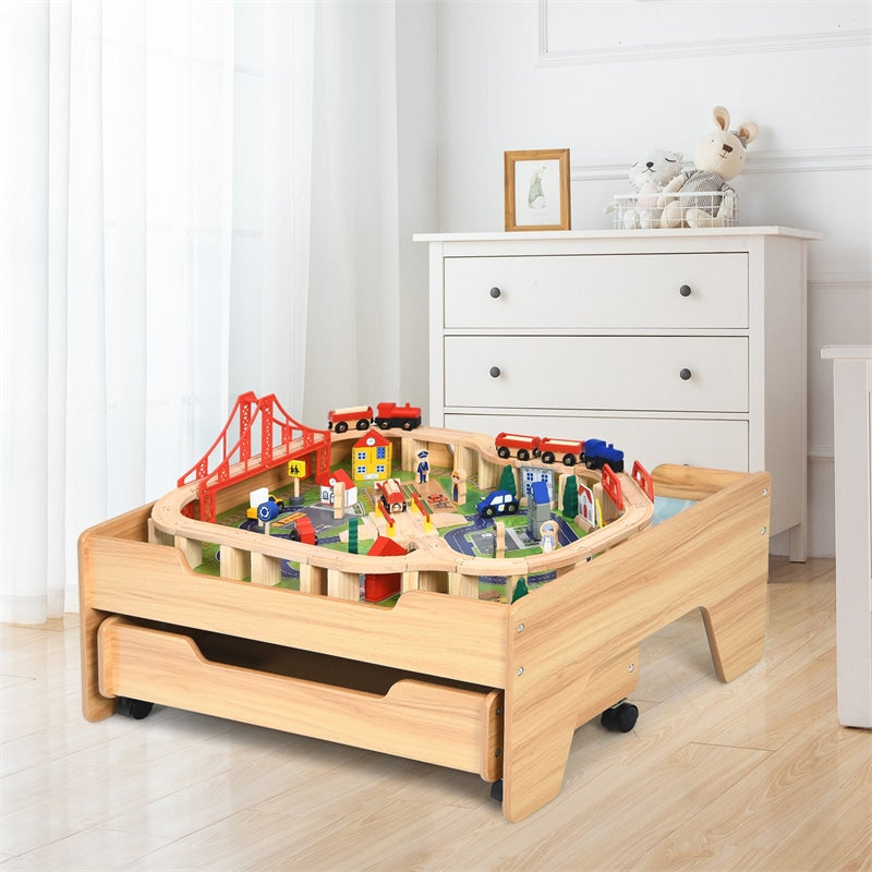 Kids Train Table Set Toddler Wooden Activity Table with 100 Multicolor Pieces & Large Storage Drawer