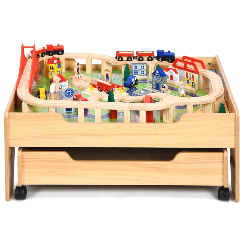 Kids Train Table Set Toddler Wooden Activity Table with 100 Multicolor Pieces & Large Storage Drawer