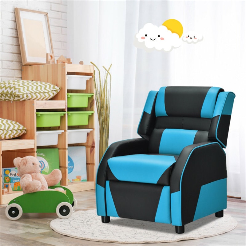 Kids Adjustable Gaming Recliner Racing Style Reclining Gaming Chair PU Leather Gaming Sofa with Headrest & Footrest