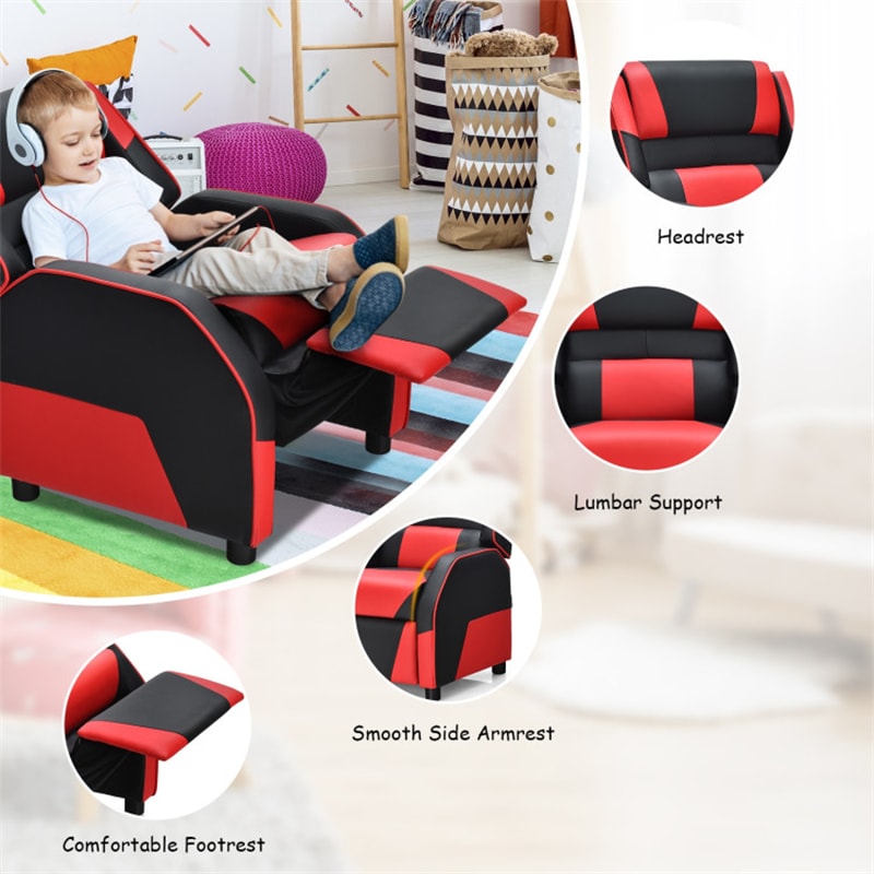 Kids Adjustable Gaming Recliner Racing Style Reclining Gaming Chair PU Leather Gaming Sofa with Headrest & Footrest