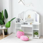 2-in-1 Kids Makeup Vanity Table Princess Dressing Table with Tri-folding Detachable Mirror & Storage Shelves