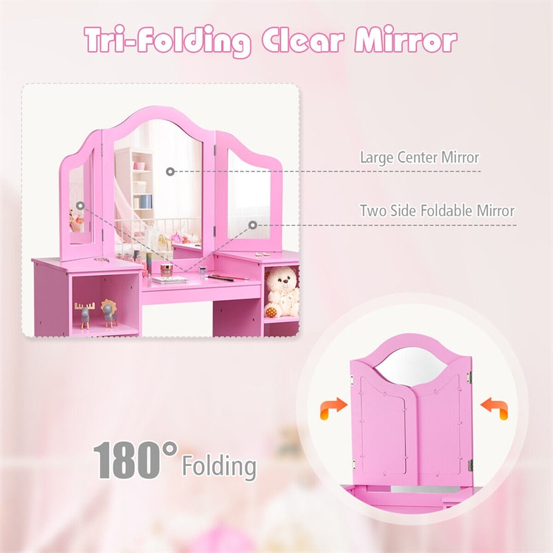 2-in-1 Kids Makeup Vanity Table Princess Dressing Table with Tri-folding Detachable Mirror & Storage Shelves