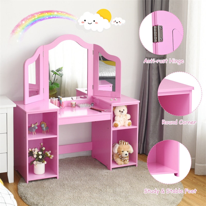 2-in-1 Kids Makeup Vanity Table Princess Dressing Table with Tri-folding Detachable Mirror & Storage Shelves