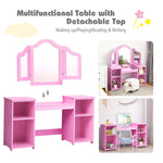 2-in-1 Kids Makeup Vanity Table Princess Dressing Table with Tri-folding Detachable Mirror & Storage Shelves