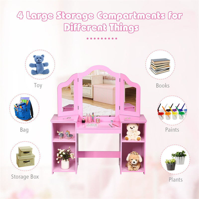 2-in-1 Kids Makeup Vanity Table Princess Dressing Table with Tri-folding Detachable Mirror & Storage Shelves