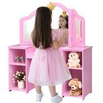 2-in-1 Kids Makeup Vanity Table Princess Dressing Table with Tri-folding Detachable Mirror & Storage Shelves