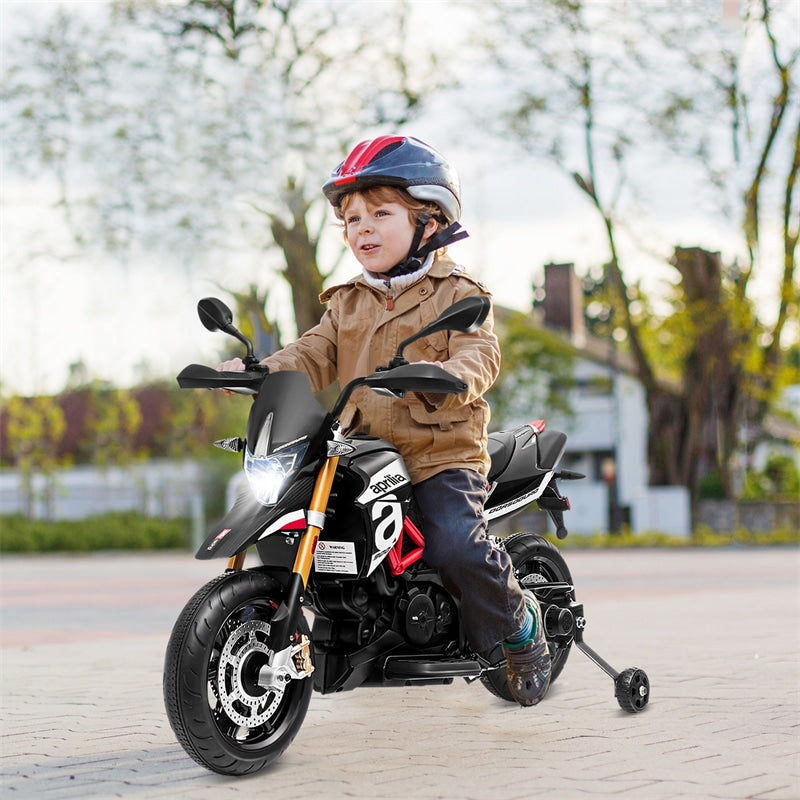 12V Kids Ride-On Motorcycle, Licensed Aprilia Electric Dirt Bike with Training Wheels, LED Lights & Music, Battery Powered Ride-On Toy for 3+