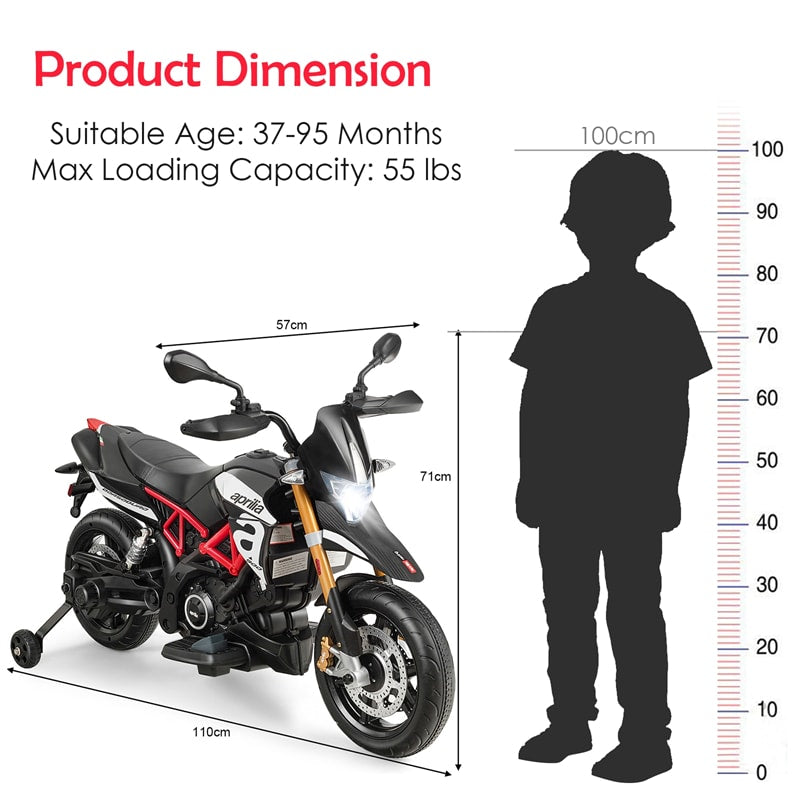 12V Kids Ride-On Motorcycle, Licensed Aprilia Electric Dirt Bike with Training Wheels, LED Lights & Music, Battery Powered Ride-On Toy for 3+