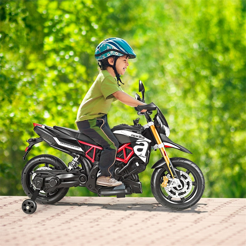 12V Kids Ride-On Motorcycle, Licensed Aprilia Electric Dirt Bike with Training Wheels, LED Lights & Music, Battery Powered Ride-On Toy for 3+