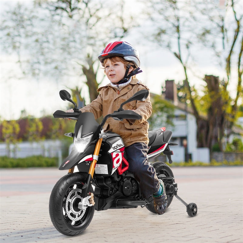 12V Kids Ride-On Motorcycle, Licensed Aprilia Electric Dirt Bike with Training Wheels, LED Lights & Music, Battery Powered Ride-On Toy for 3+