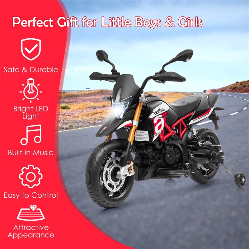 12V Kids Ride-On Motorcycle, Licensed Aprilia Electric Dirt Bike with Training Wheels, LED Lights & Music, Battery Powered Ride-On Toy for 3+