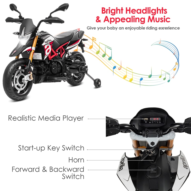 12V Kids Ride-On Motorcycle, Licensed Aprilia Electric Dirt Bike with Training Wheels, LED Lights & Music, Battery Powered Ride-On Toy for 3+