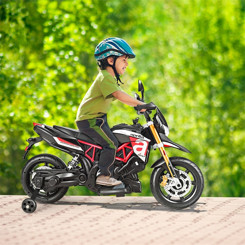 12V Kids Ride-On Motorcycle, Licensed Aprilia Electric Dirt Bike with Training Wheels, LED Lights & Music, Battery Powered Ride-On Toy for 3+