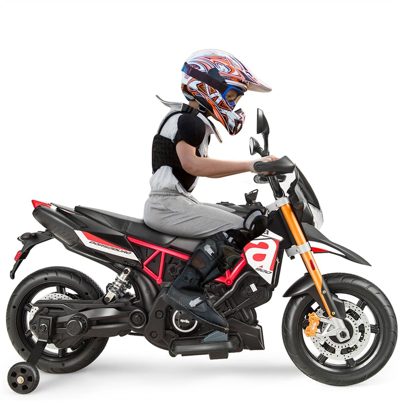 12V Kids Ride-On Motorcycle, Licensed Aprilia Electric Dirt Bike with Training Wheels, LED Lights & Music, Battery Powered Ride-On Toy for 3+