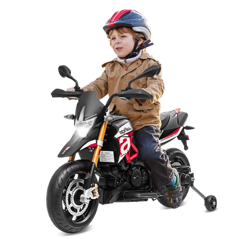 12V Kids Ride-On Motorcycle, Licensed Aprilia Electric Dirt Bike with Training Wheels, LED Lights & Music, Battery Powered Ride-On Toy for 3+