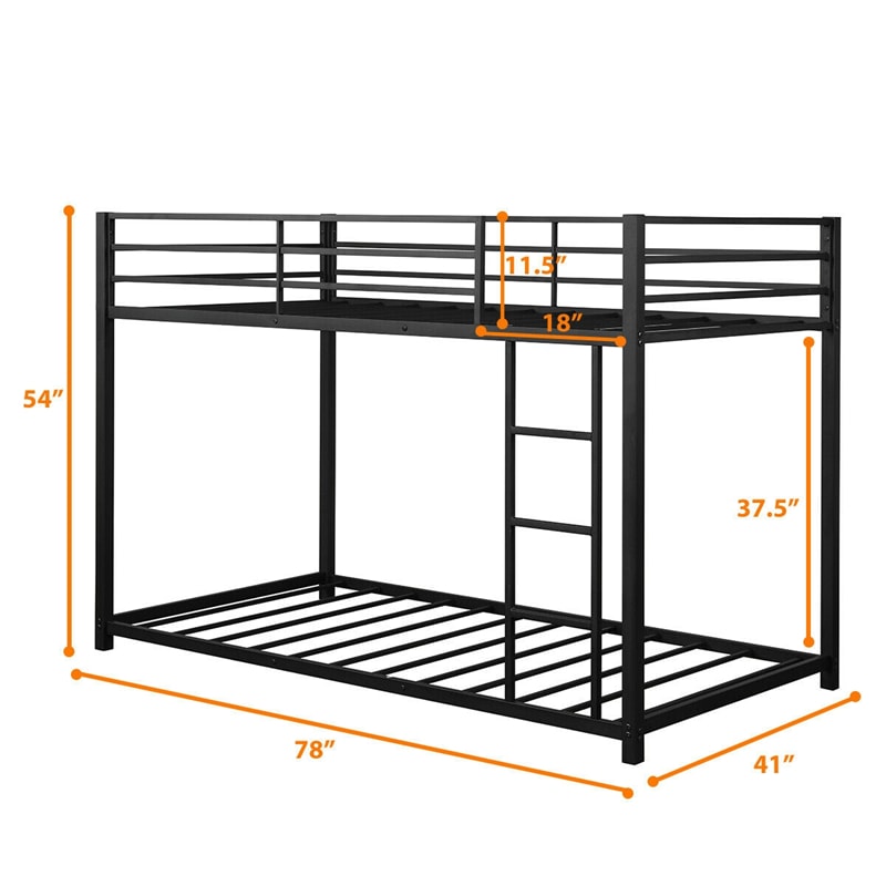 Twin Over Twin Metal Bunk Bed, Heavy Duty Space Saving Low Profile Bunk Bed Frame with Safety Guardrail & Ladder for Kids Adults Dorm Bedroom