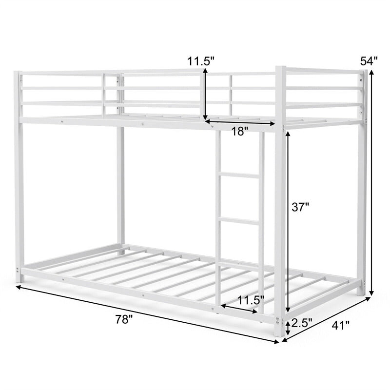 Twin Over Twin Bunk Bed Heavy Duty Metal Bed Frame Low Floor Bunk Bed With Safety Guard Rail & Ladder for Kids Adults Dormitory Bedroom