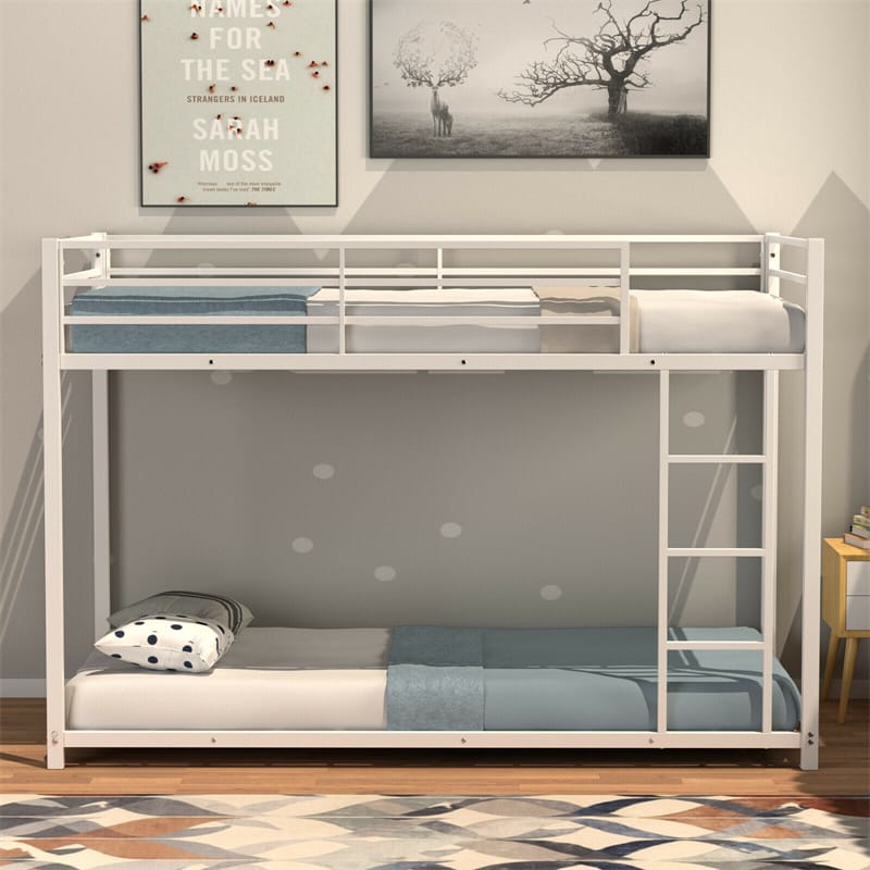 Twin Over Twin Bunk Bed Heavy Duty Metal Bed Frame Low Floor Bunk Bed With Safety Guard Rail & Ladder for Kids Adults Dormitory Bedroom