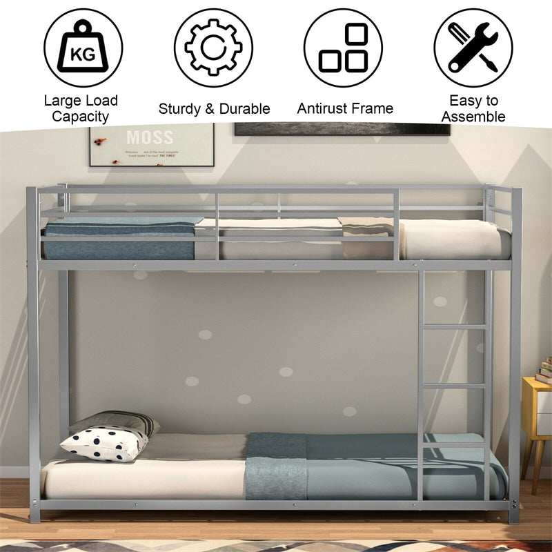 Twin Over Twin Bunk Bed Heavy Duty Metal Bed Frame Low Floor Bunk Bed With Safety Guard Rail & Ladder for Kids Adults Dormitory Bedroom