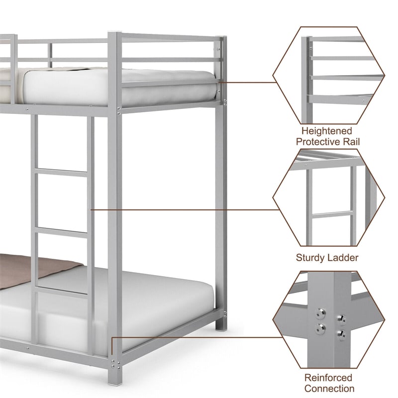 Twin Over Twin Metal Bunk Bed, Heavy Duty Space Saving Low Profile Bunk Bed Frame with Safety Guardrail & Ladder for Kids Adults Dorm Bedroom