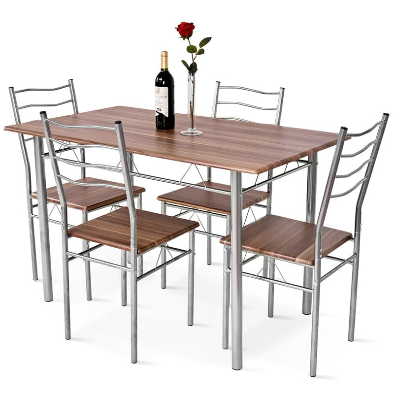 Modern 5 Piece Dining Table Set Metal Frame Wood Kitchen Breakfast Furniture with 4 Chairs