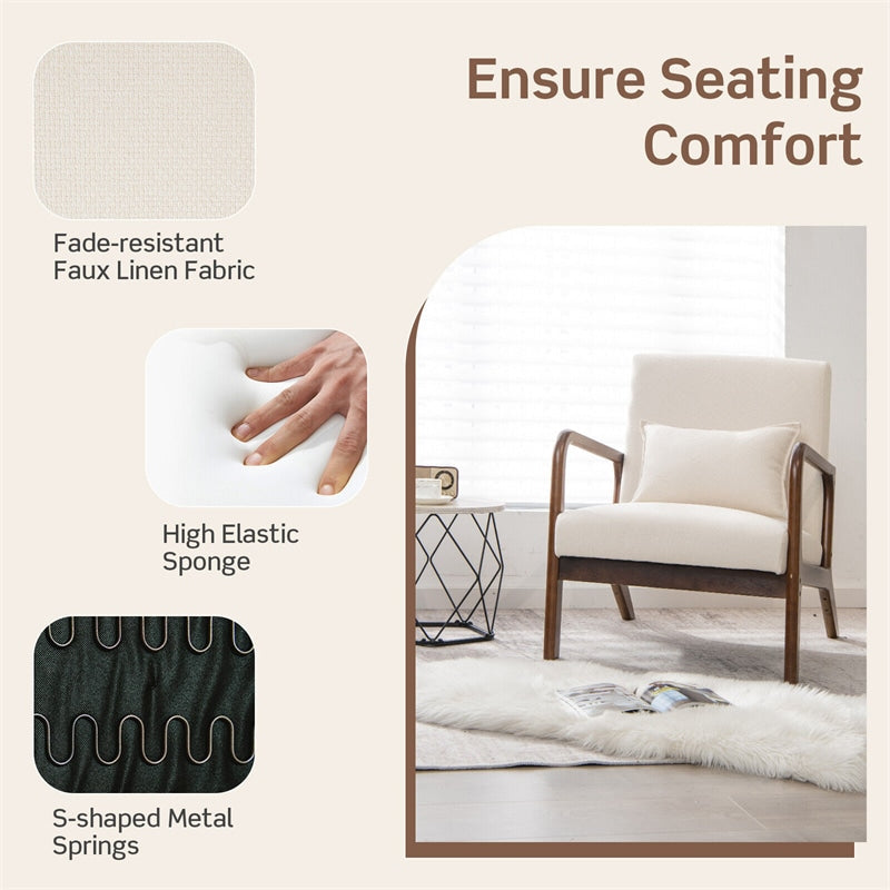 Modern Accent Chair Leisure Upholstered Armchair Rubber Wood Frame Arm Chair with Lumbar Pillow