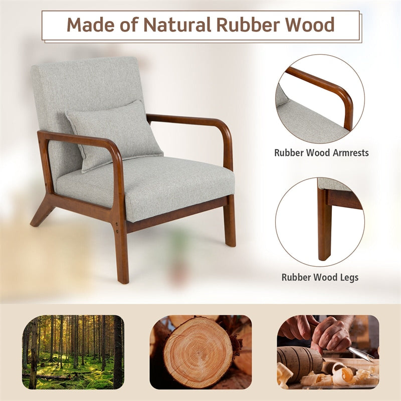 Modern Accent Chair Leisure Upholstered Armchair Rubber Wood Frame Arm Chair with Lumbar Pillow