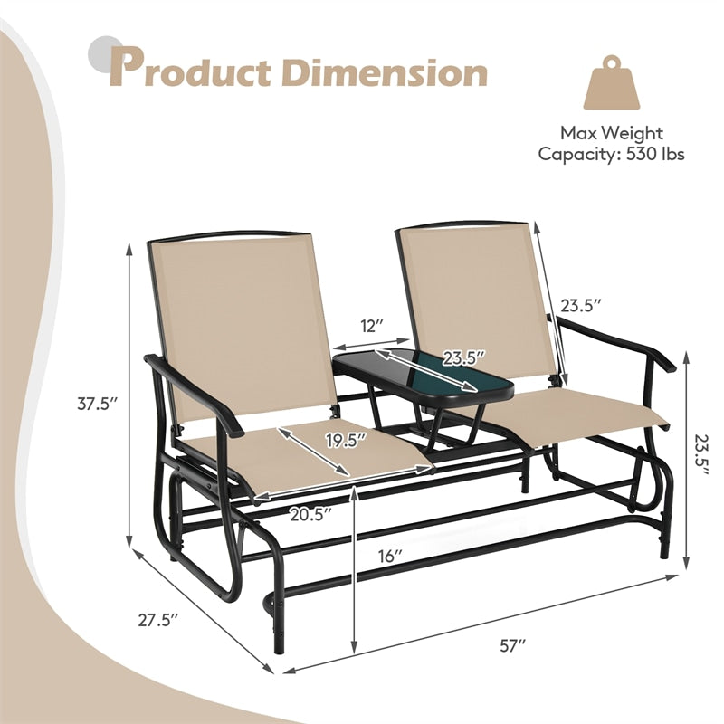 2-Person Outdoor Double Glider Chair Patio Rocking Loveseat with Center Tempered Glass Table, Steel Frame & Breathable Mesh Fabric for Porch