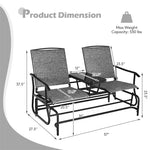 2-Person Outdoor Double Glider Chair Patio Rocking Loveseat with Center Tempered Glass Table, Steel Frame & Breathable Mesh Fabric for Porch