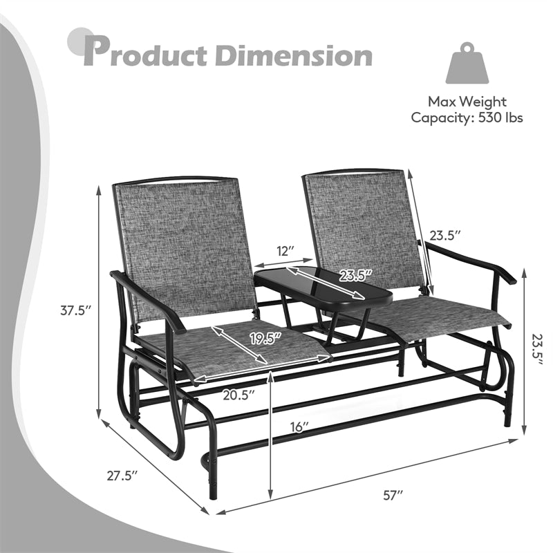 Outdoor Double Glider Chair 2-Person Patio Rocking Loveseat with Center Tempered Glass Table & Metal Frame